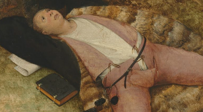 ピーテル・ブリューゲル代表作：怠け者の天国。聖職者は聖書を放り出して寝転んでいる。