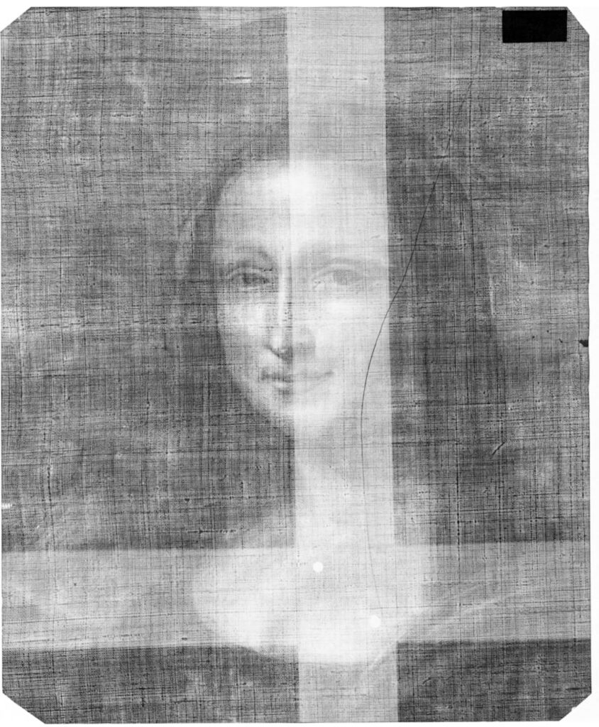 ハーバード美術館が所蔵する、レオナルド・ダ・ヴィンチ作『モナ・リザ』のX線画像。完成前の顔の輪郭や表情の変化が見られる。