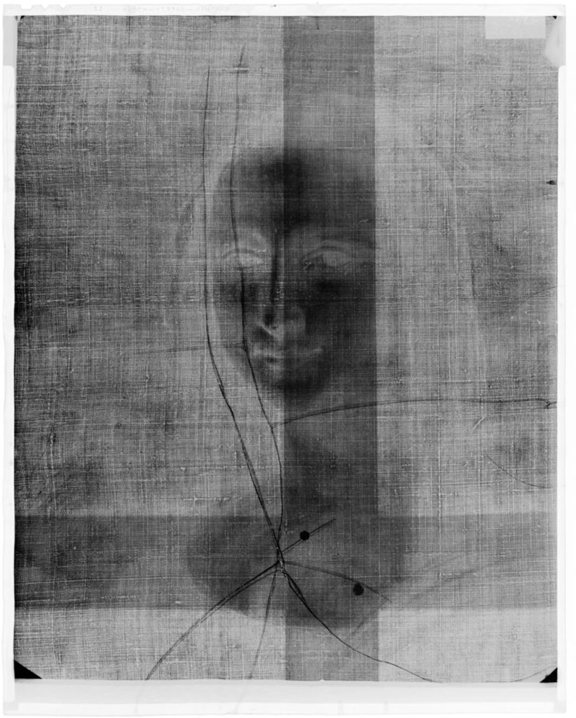 ハーバード美術館が所蔵する、レオナルド・ダ・ヴィンチ作『モナ・リザ』のX線画像。初期の下描きの様子が確認できる。