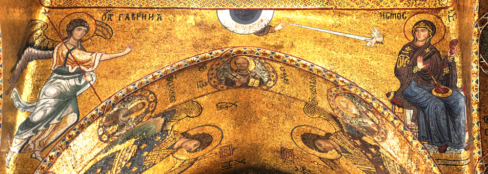 12世紀のサンタ・マリア・デッラ・アミラリオ教会の受胎告知モザイク