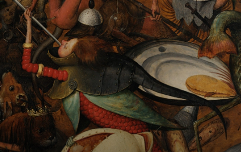 ブリューゲル『反逆天使の墜落』に登場する、フグをモチーフにしたアルマジロの甲冑をまとった堕天使