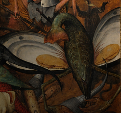 ブリューゲル『反逆天使の墜落』に描かれた、ムール貝を模した想像上の生き物