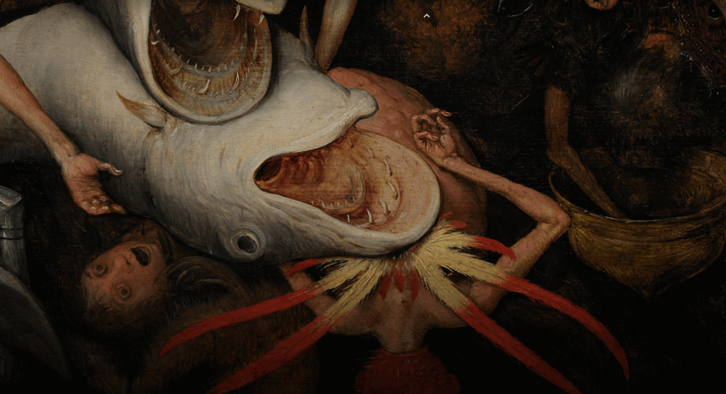 ブリューゲル『反逆天使の墜落』に描かれた、地獄を象徴する暗く混沌とした場面