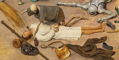 目覚めつつある信仰深い巡礼者が、財布を狙って骸骨の強盗に喉を切られています