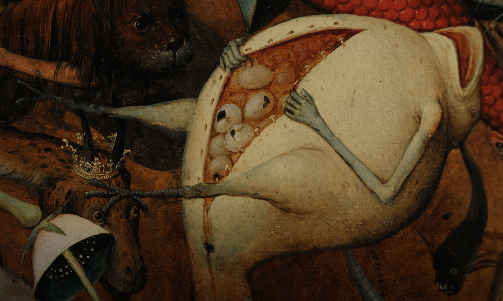 ブリューゲル『反逆天使の墜落』に描かれた、自らの腹を切り開く想像上の奇妙な生き物