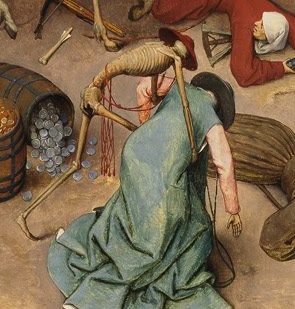 枢機卿を抱きかかえるように導く、嘲笑う骸骨の寓意画