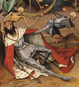 瀕死の王と、その金貨と銀貨を略奪する右側の骸骨、死の寓意画