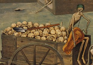 骸骨が荷車いっぱいの頭蓋骨を積んで進む、死の寓意画