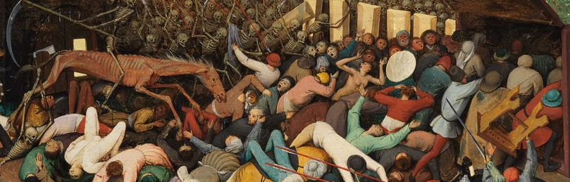 恐怖に駆られて逃げ惑う人々、死の寓意画